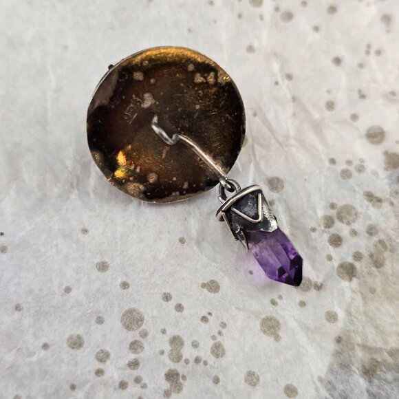 Vintage Sterling Silver 925 Round Pendant Amethyst Gemstone & Dangling Charm - Picture 5 of 9